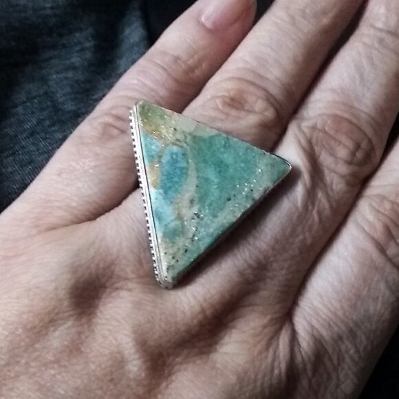 Ruby Fuchsite - Large Triangular Statement Ring - Sz 9.25 - Stamped 925 - Unisex - Picture 4 of 11